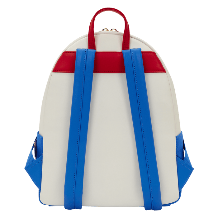 Back view of Loungefly Disney Pixar Toy Story backpack with blue shoulder straps and red handle