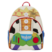 Front view of Loungefly Disney Pixar Toy Story backpack with sheriff badge and Buzz Lightyear pocket