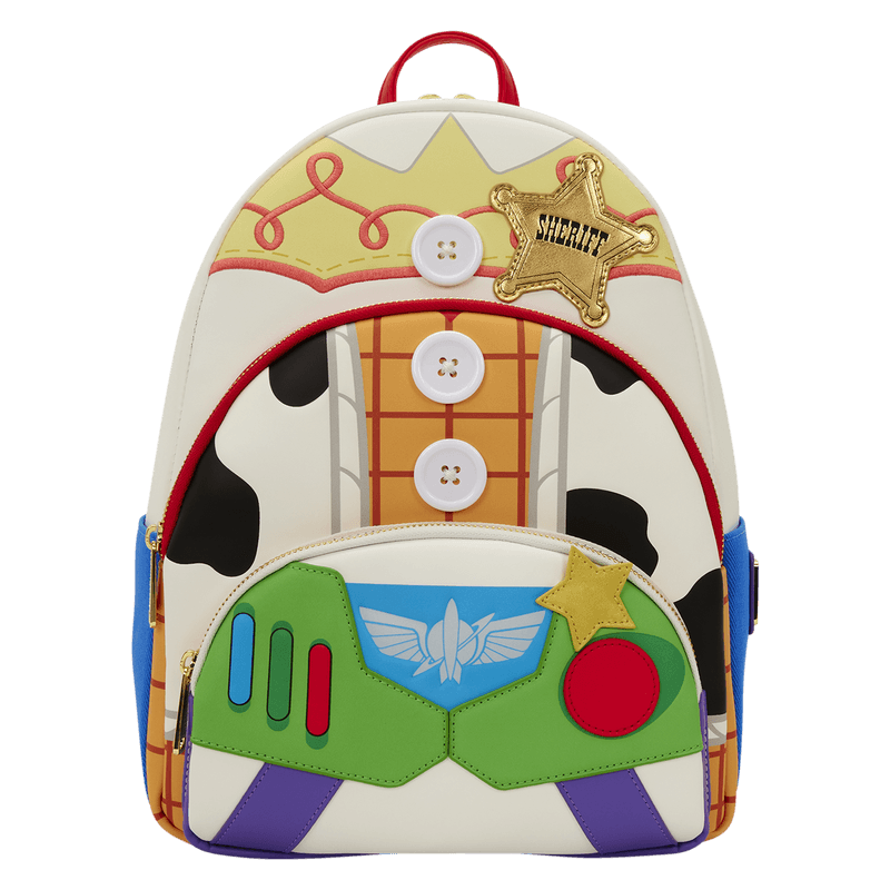 Front view of Loungefly Disney Pixar Toy Story backpack with sheriff badge and Buzz Lightyear pocket
