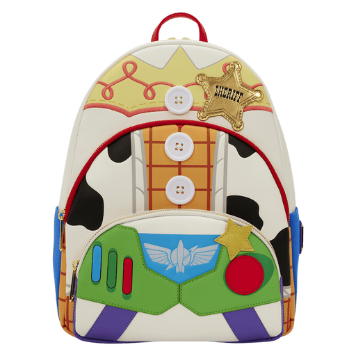 Front view of Loungefly Disney Pixar Toy Story backpack with sheriff badge and Buzz Lightyear pocket