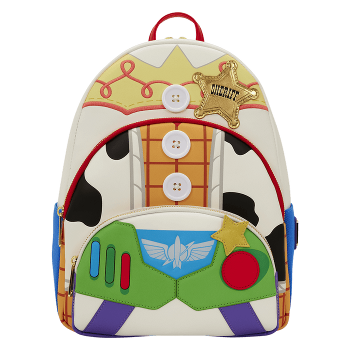 Front view of Loungefly Disney Pixar Toy Story backpack with sheriff badge and Buzz Lightyear pocket