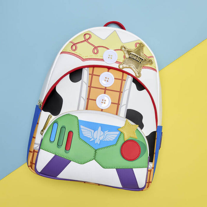 Loungefly Disney Pixar Toy Story backpack styled on blue and yellow background