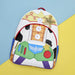 Loungefly Disney Pixar Toy Story backpack styled on blue and yellow background