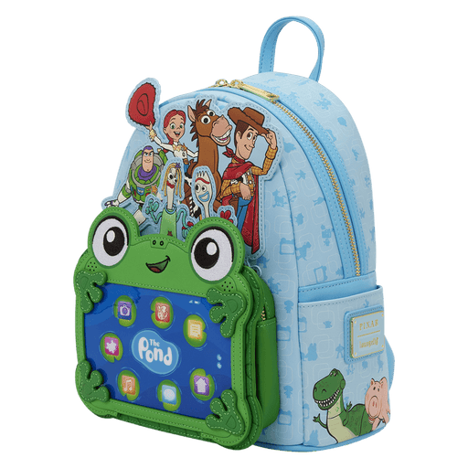 Angled view of Loungefly Disney Pixar Toy Story The Pond backpack