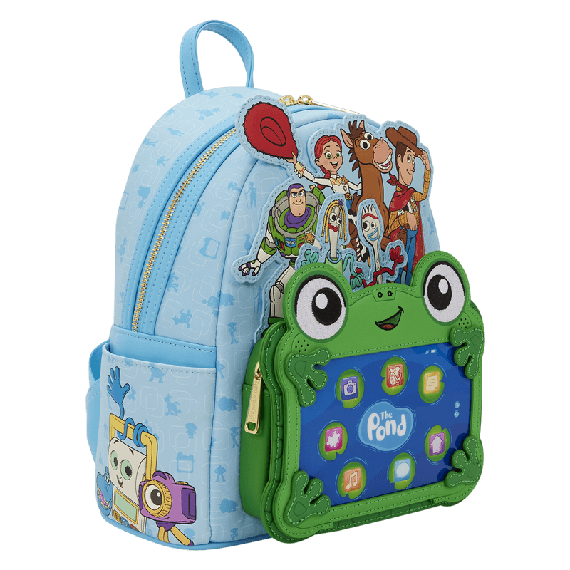 Side angle view of Loungefly Disney Pixar Toy Story The Pond backpack