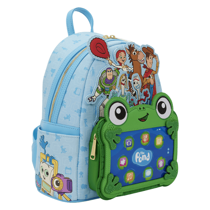 Side angle view of Loungefly Disney Pixar Toy Story The Pond backpack