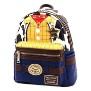 Angled view of Loungefly Disney Pixar Woody cosplay backpack highlighting zip pocket and belt buckle badge

