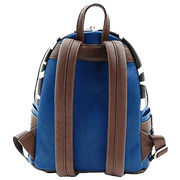 Back of Loungefly Woody mini backpack showing blue faux leather, brown straps and top handle
