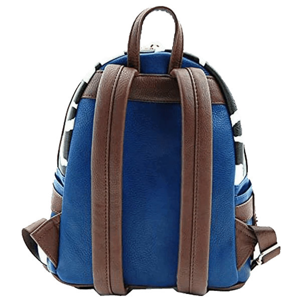 Back of Loungefly Woody mini backpack showing blue faux leather, brown straps and top handle
