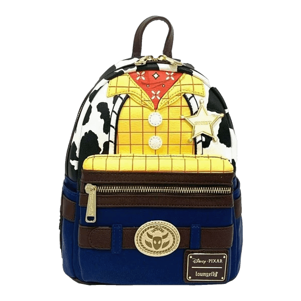 Front of Loungefly Disney Pixar Toy Story Woody cosplay mini backpack with yellow check shirt, cow print and sheriff badge
