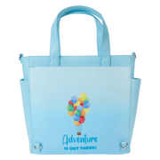 Back view of the Loungefly Disney Pixar Up 15th Anniversary Convertible Tote Bag with balloon graphic and Adventure Is Out There text