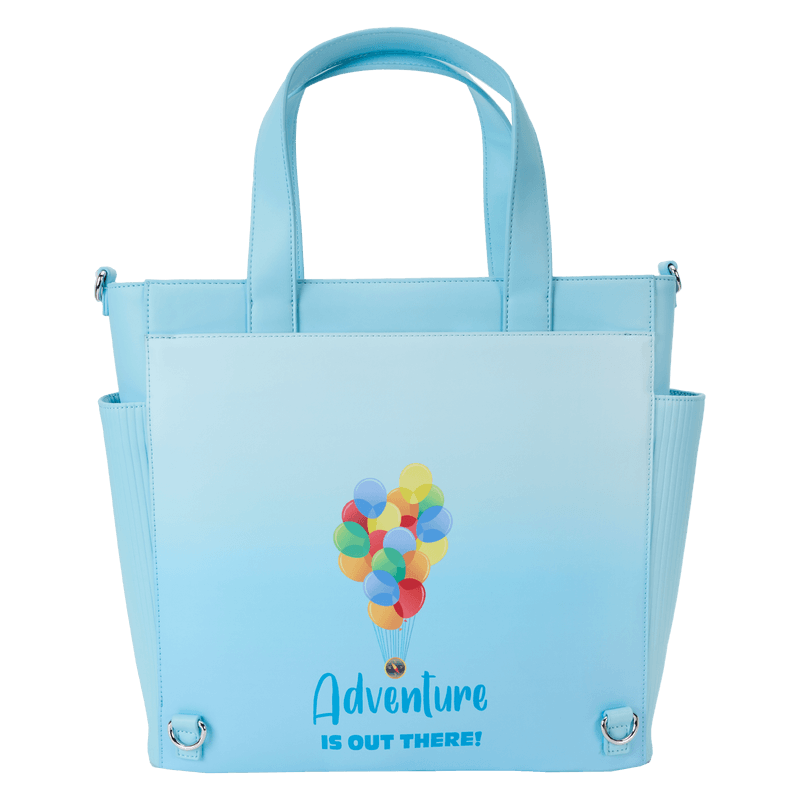 Back view of the Loungefly Disney Pixar Up 15th Anniversary Convertible Tote Bag with balloon graphic and Adventure Is Out There text