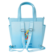 Rear backpack view of the Loungefly Disney Pixar Up 15th Anniversary Convertible Tote Bag showing adjustable straps and balloon artwork