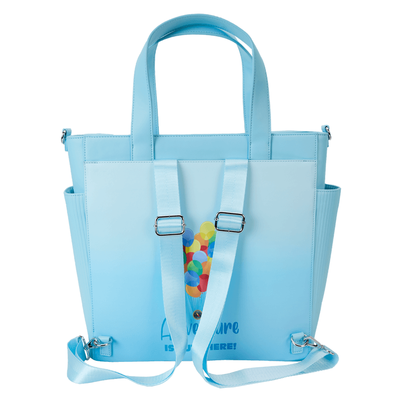 Rear backpack view of the Loungefly Disney Pixar Up 15th Anniversary Convertible Tote Bag showing adjustable straps and balloon artwork