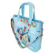 Side view of the Loungefly Disney Pixar Up 15th Anniversary Convertible Tote Bag featuring Carl’s house, colourful balloons and a blue sky background