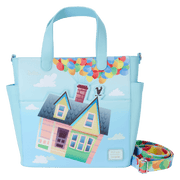 Front view of the Loungefly Disney Pixar Up 15th Anniversary Convertible Tote Bag with Carl’s house, colourful balloons and detachable shoulder strap