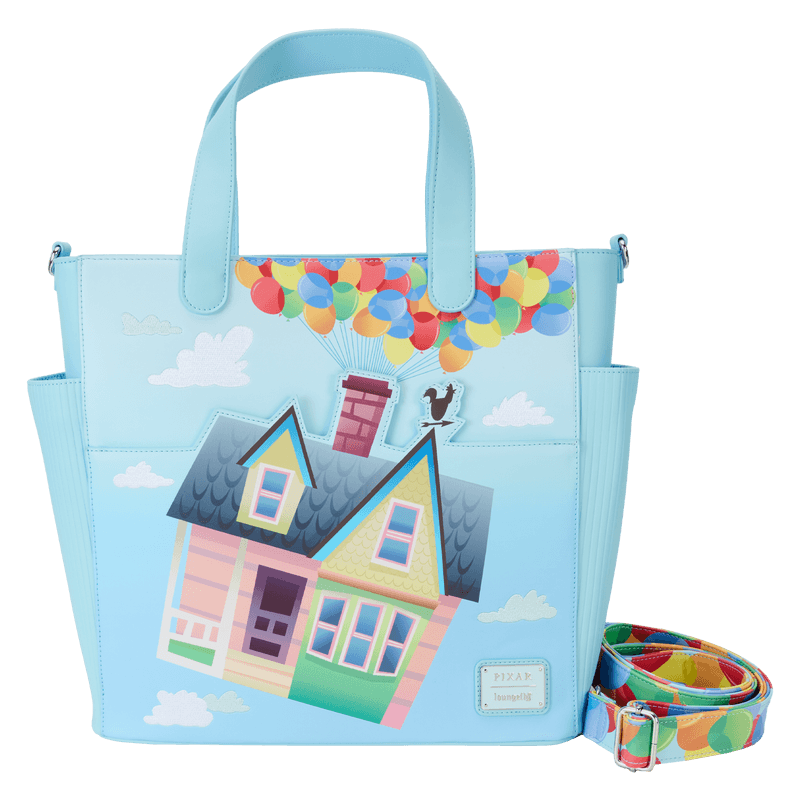 Front view of the Loungefly Disney Pixar Up 15th Anniversary Convertible Tote Bag with Carl’s house, colourful balloons and detachable shoulder strap