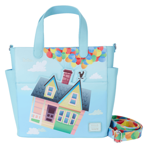 Front view of the Loungefly Disney Pixar Up 15th Anniversary Convertible Tote Bag with Carl’s house, colourful balloons and detachable shoulder strap