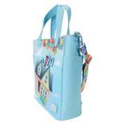 Angled front view of the Loungefly Disney Pixar Up 15th Anniversary Convertible Tote Bag with house artwork, balloon-print strap and cloud details