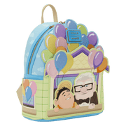 Loungefly Disney Pixar Up Carl and Russell mini backpack angled view with colourful balloon details