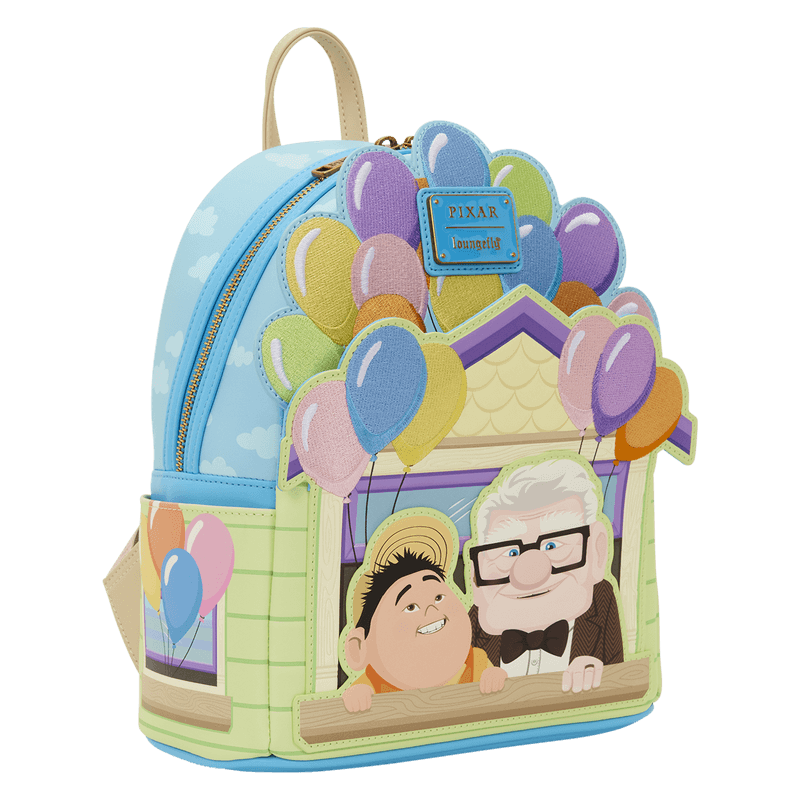 Loungefly Disney Pixar Up Carl and Russell mini backpack angled view with colourful balloon details