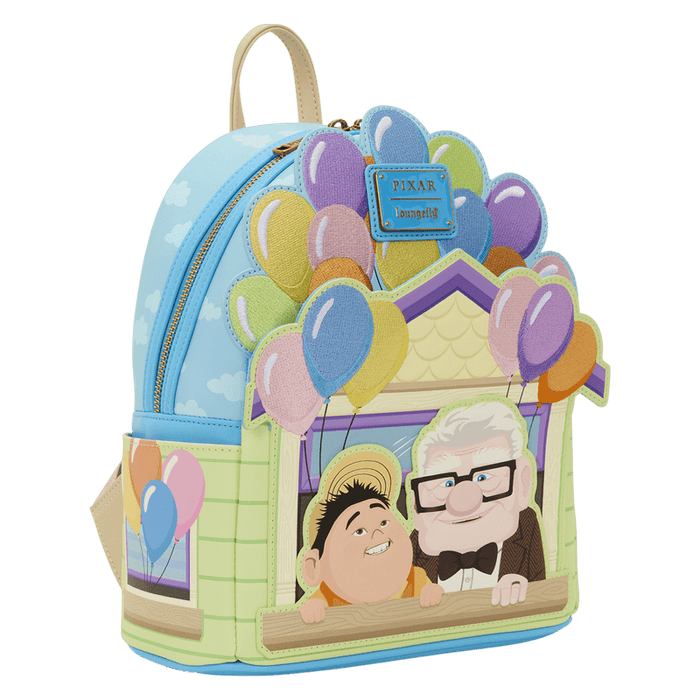 Loungefly Disney Pixar Up Carl and Russell mini backpack angled view with colourful balloon details