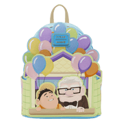 Front of Loungefly Disney Pixar Up Carl and Russell mini backpack with house and balloon design