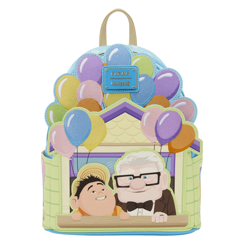 Front of Loungefly Disney Pixar Up Carl and Russell mini backpack with house and balloon design