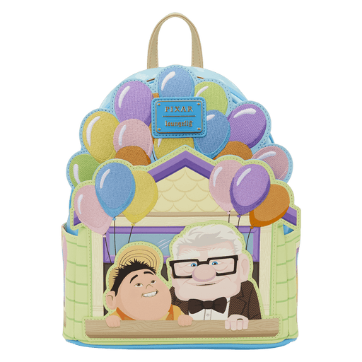 Front of Loungefly Disney Pixar Up Carl and Russell mini backpack with house and balloon design