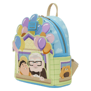 Side view of Loungefly Disney Pixar Up mini backpack with Dug window detail and balloons