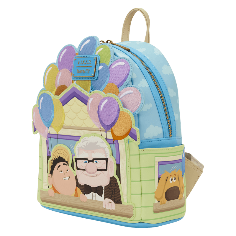 Side view of Loungefly Disney Pixar Up mini backpack with Dug window detail and balloons