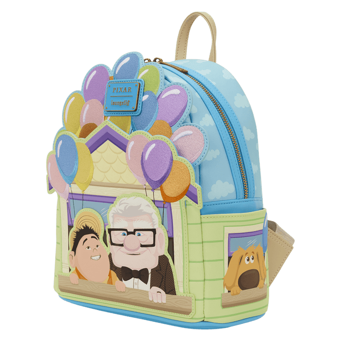 Side view of Loungefly Disney Pixar Up mini backpack with Dug window detail and balloons