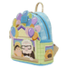 Side view of Loungefly Disney Pixar Up mini backpack with Dug window detail and balloons