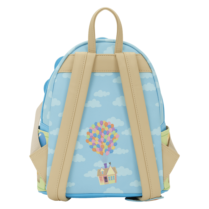 Back of Loungefly Disney Pixar Up mini backpack with floating house and balloon artwork