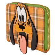 Angled view of Loungefly Disney Pluto 95 wallet highlighting 3D applique, green zip and tartan panels	