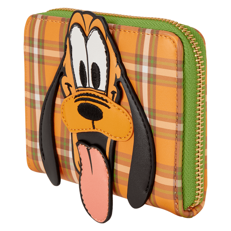 Angled view of Loungefly Disney Pluto 95 wallet highlighting 3D applique, green zip and tartan panels	