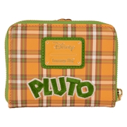 Front view of Loungefly Disney Pluto 95 plaid zip-around wallet with green logo plate	