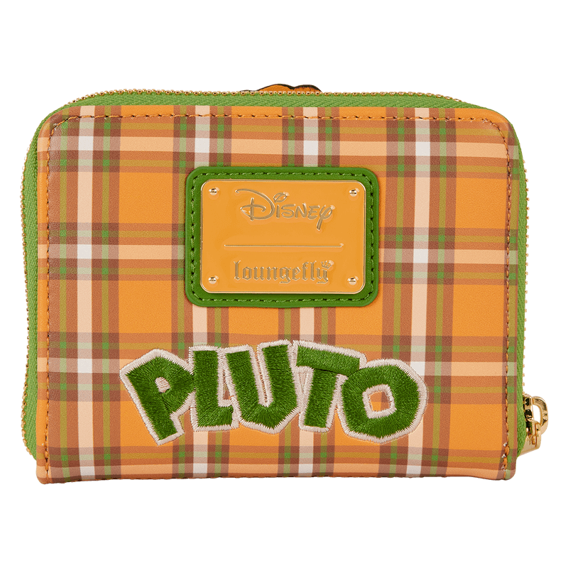Front view of Loungefly Disney Pluto 95 plaid zip-around wallet with green logo plate	