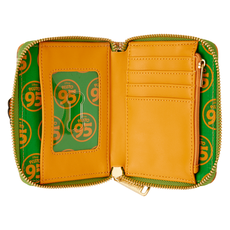 Inside view of Loungefly Disney Pluto 95 wallet showing card slots, ID window and green lining with Pluto 95 print	