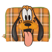 Front of Loungefly Disney Pluto 95 wallet featuring Pluto face applique over orange tartan	
