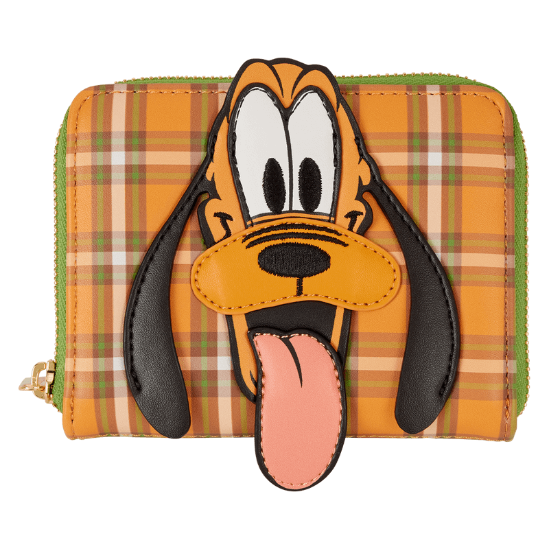 Front of Loungefly Disney Pluto 95 wallet featuring Pluto face applique over orange tartan	