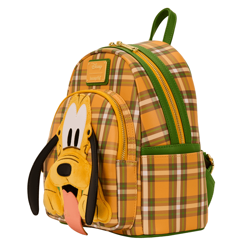 Three-quarter angle of Loungefly Pluto plaid mini backpack showing pockets and depth