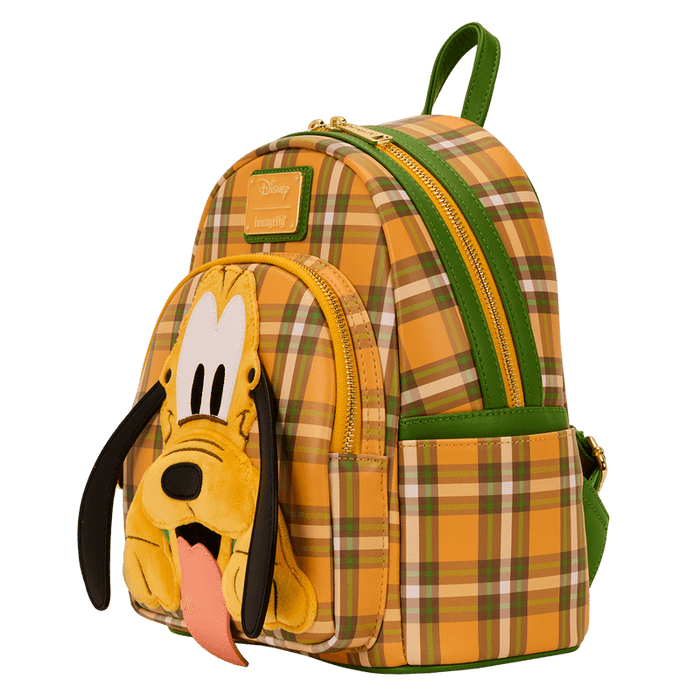 Three-quarter angle of Loungefly Pluto plaid mini backpack showing pockets and depth