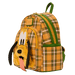 Three-quarter angle of Loungefly Pluto plaid mini backpack showing pockets and depth