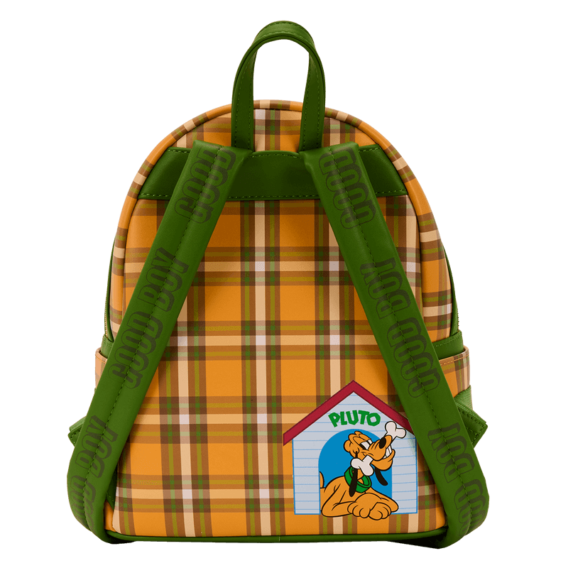 Back of Loungefly Pluto mini backpack with doghouse graphic and GOOD BOY straps