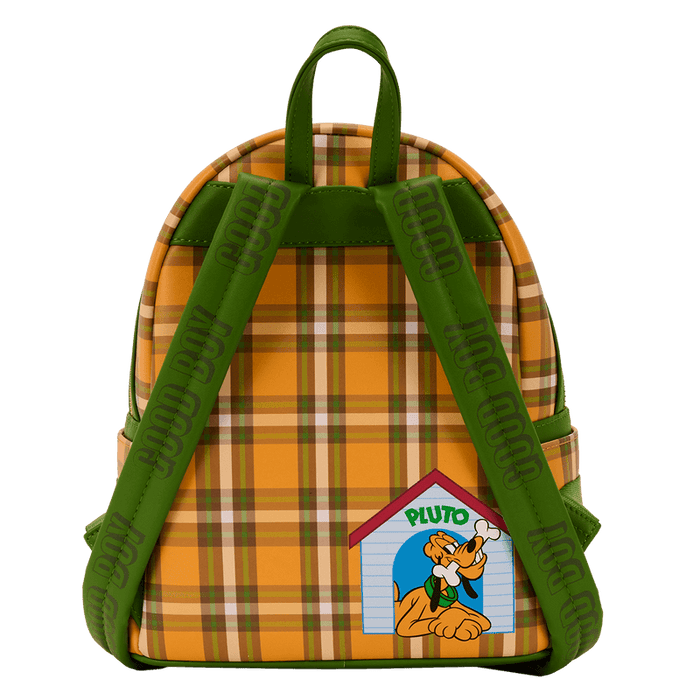 Back of Loungefly Pluto mini backpack with doghouse graphic and GOOD BOY straps