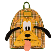 Front shot of Loungefly Pluto mini backpack, ears spread wide over orange plaid