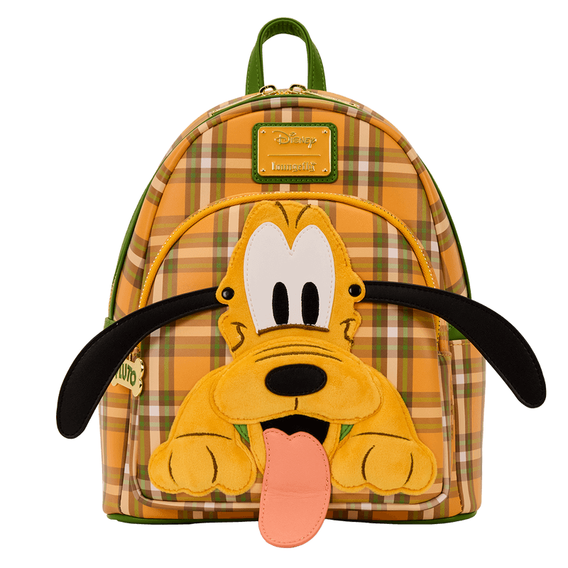 Front shot of Loungefly Pluto mini backpack, ears spread wide over orange plaid