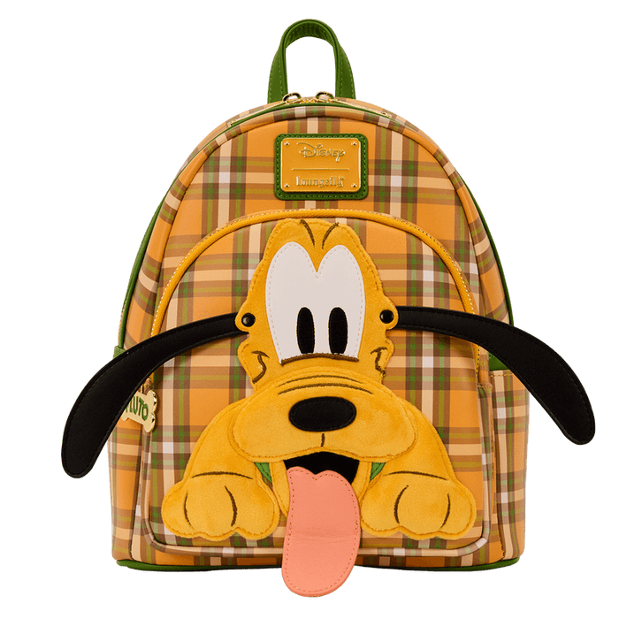 Front shot of Loungefly Pluto mini backpack, ears spread wide over orange plaid