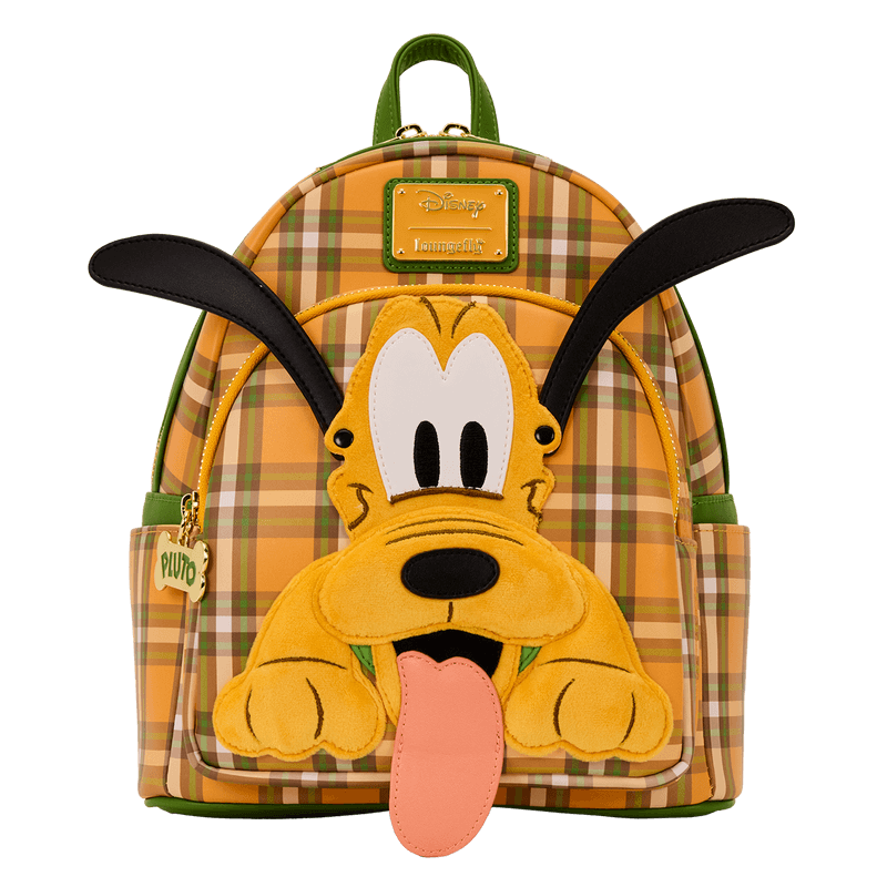 Loungefly Pluto mini backpack with movable ears posed across the plaid front pocket